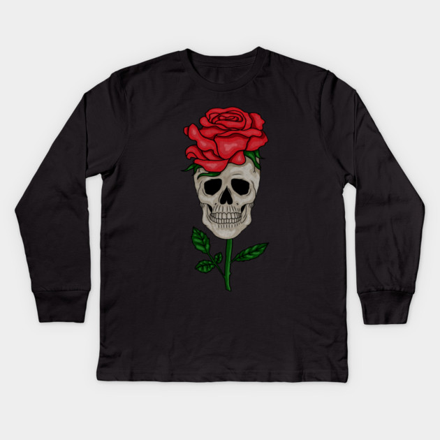 Skull with Rose, Floral Flower Kids Long Sleeve T-Shirt by logiamerch