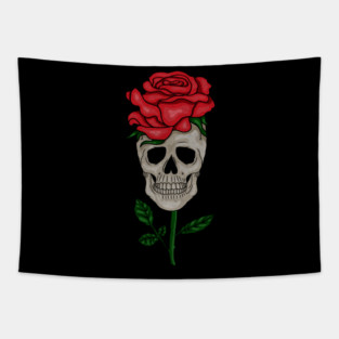 Skull with Rose, Floral Flower Tapestry