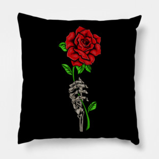 Skeleton Hand Holding a Red Rose, Floral Pillow