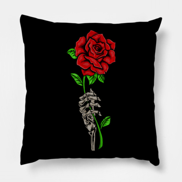 Skeleton Hand Holding a Red Rose, Floral Pillow by logiamerch
