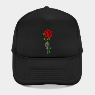 Skeleton Hand Holding a Red Rose, Floral Hat
