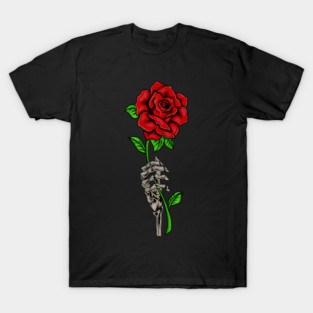 Skeleton Hand Holding a Red Rose, Floral T-Shirt