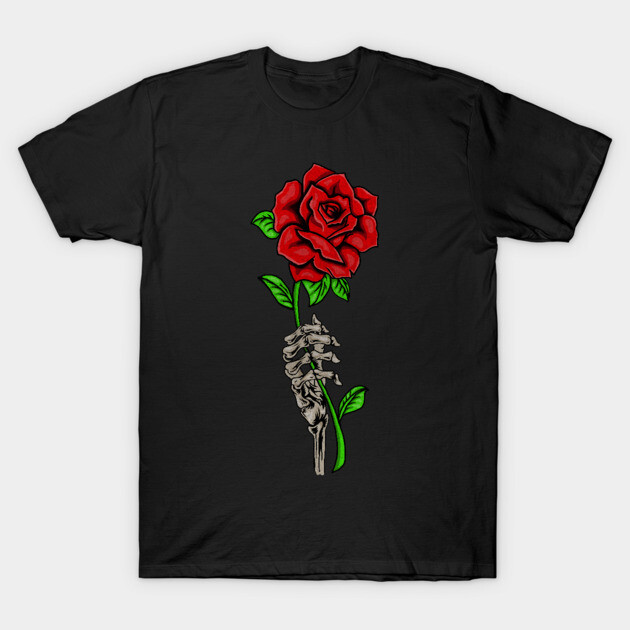 Skeleton Hand Holding a Red Rose, Floral T-Shirt by logiamerch