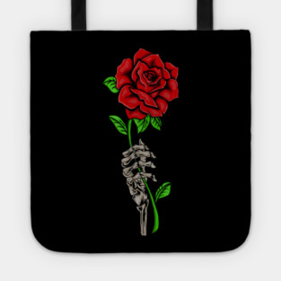 Skeleton Hand Holding a Red Rose, Floral Tote