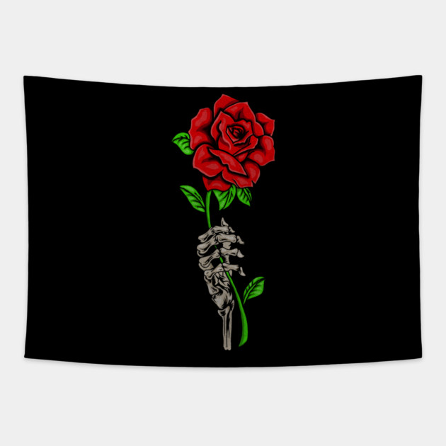 Skeleton Hand Holding a Red Rose, Floral Tapestry by logiamerch