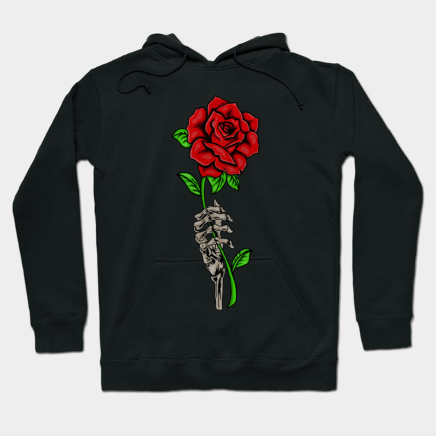 Skeleton Hand Holding a Red Rose, Floral Hoodie by logiamerch