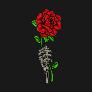 Skeleton Hand Holding a Red Rose, Floral T-Shirt