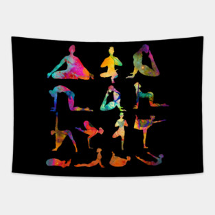 Yoga Poses with Cosmic Pattern, Zen Meditation Tapestry