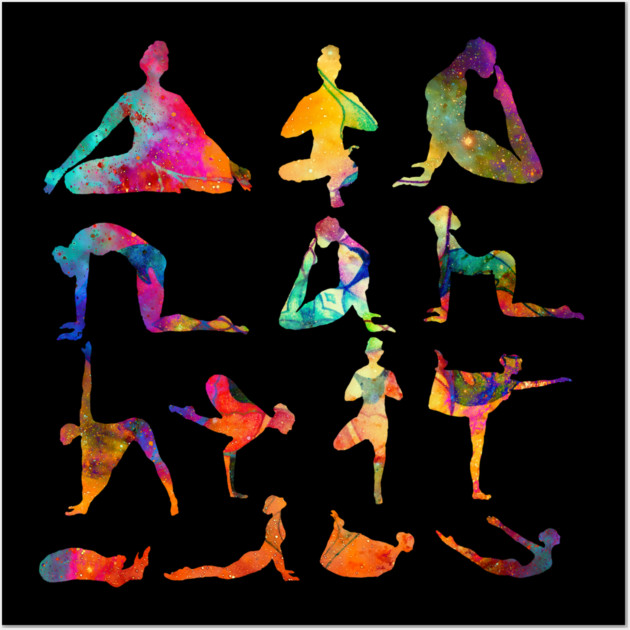 Yoga Poses with Cosmic Pattern, Zen Meditation Wall Art by logiamerch