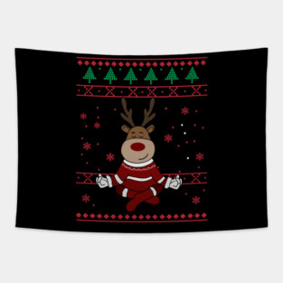 Deer Yoga Xmas, Reindeer Santa Tapestry