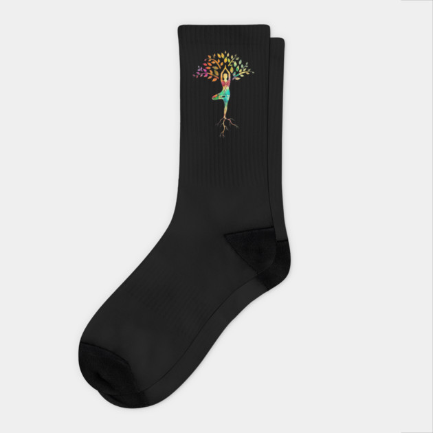 Yoga tree pose with Cosmic Pattern Design, Zen Meditation Socks by logiamerch