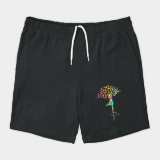 Yoga tree pose with Cosmic Pattern Design, Zen Meditation Shorts