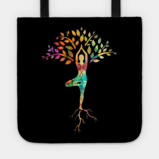 Yoga tree pose with Cosmic Pattern Design, Zen Meditation Tote