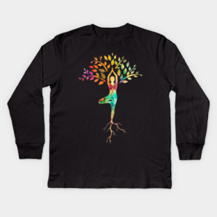 Yoga tree pose with Cosmic Pattern Design, Zen Meditation Kids Long Sleeve T-Shirt