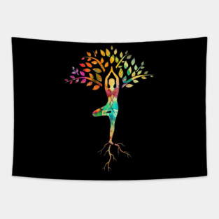 Yoga tree pose with Cosmic Pattern Design, Zen Meditation Tapestry