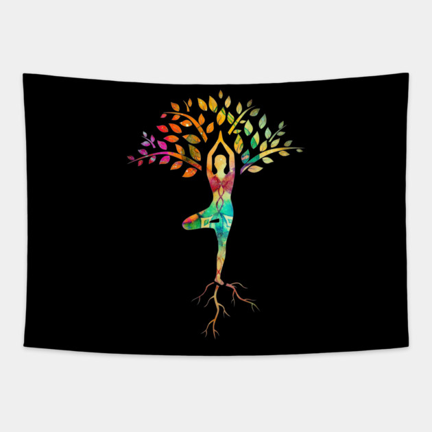 Yoga tree pose with Cosmic Pattern Design, Zen Meditation Tapestry by logiamerch
