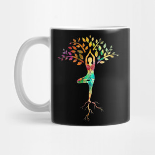 Yoga tree pose with Cosmic Pattern Design, Zen Meditation Mug