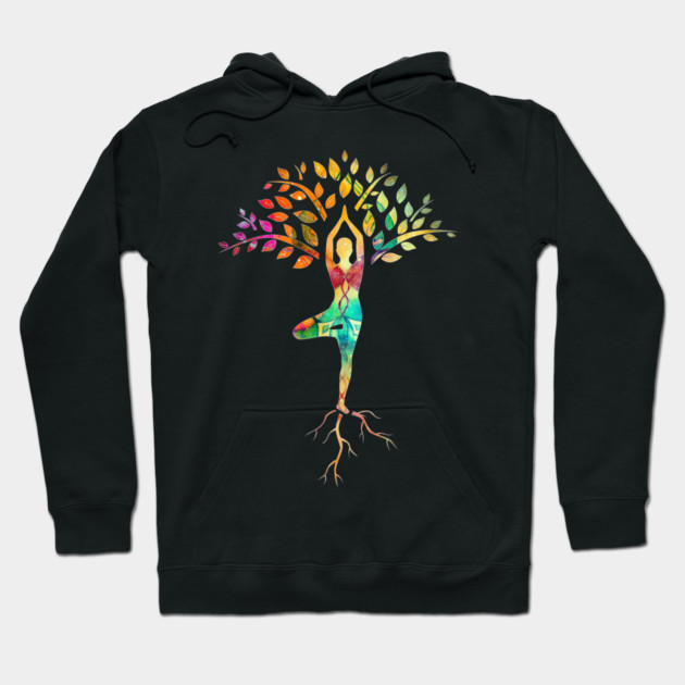 Yoga tree pose with Cosmic Pattern Design, Zen Meditation Hoodie by logiamerch