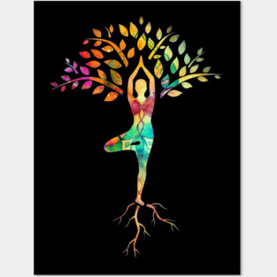 Yoga tree pose with Cosmic Pattern Design, Zen Meditation Posters and Art