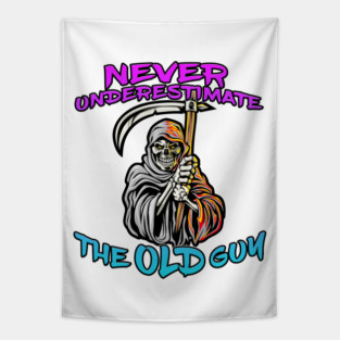 Never Underestimate The Old Guy Reaper Blue Tapestry