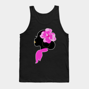 Beautiful Black Afro Woman with Pink Flower Tank Top