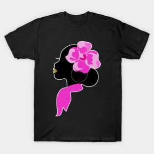 Beautiful Black Afro Woman with Pink Flower T-Shirt
