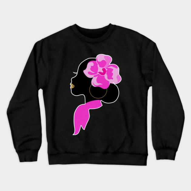 Beautiful Black Afro Woman with Pink Flower Crewneck Sweatshirt by logiamerch