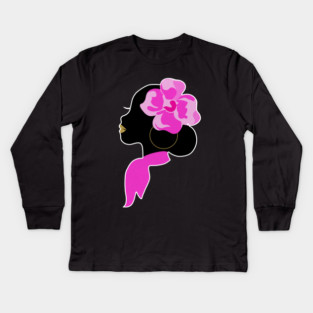 Beautiful Black Afro Woman with Pink Flower Kids Long Sleeve T-Shirt