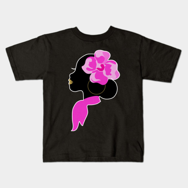 Beautiful Black Afro Woman with Pink Flower Kids T-Shirt by logiamerch