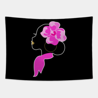 Beautiful Black Afro Woman with Pink Flower Tapestry