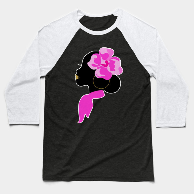 Beautiful Black Afro Woman with Pink Flower Baseball T-Shirt by logiamerch