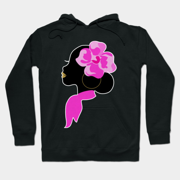 Beautiful Black Afro Woman with Pink Flower Hoodie by logiamerch