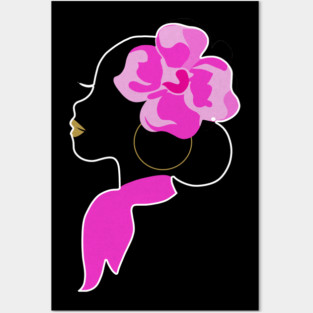 Beautiful Black Afro Woman with Pink Flower Posters and Art