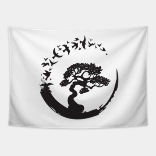 Bonsai Tree in Enso Circle Birds Tee Tapestry
