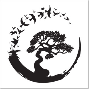 Bonsai Tree in Enso Circle Birds Tee Posters and Art