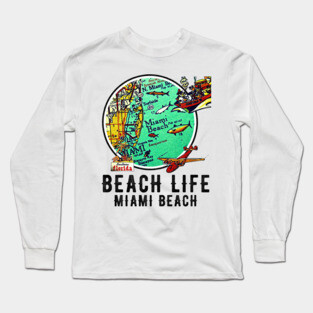 Miami Beach Florida Beach Life Distressed Vintage Old Map Long Sleeve T-Shirt