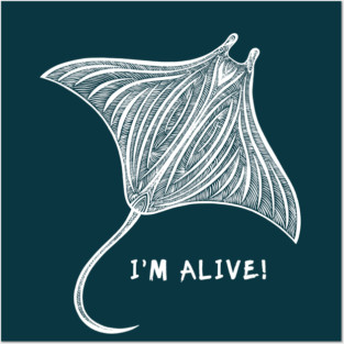 Manta Ray - I'm Alive! - ocean animal ink art design - on blue Posters and Art