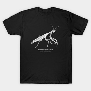 Praying Mantis with Common and Latin Names - on black T-Shirt