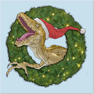 Velociraptor and Christmas Wreathe Posters and Art
