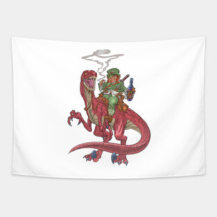 St Patricks Leprechaun on a Velociraptor Tapestry