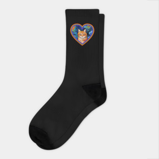Orange Tabby Cat in a Rainbow Heart Socks