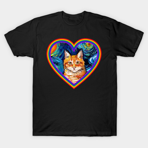 Orange Tabby Cat in a Rainbow Heart T-Shirt by sagittariusgallery