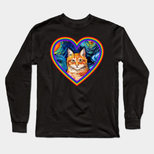 Orange Tabby Cat in a Rainbow Heart Long Sleeve T-Shirt