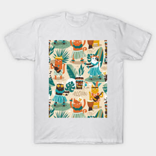 Secret Hawaiian beach party // pattern // ivory sand background gold drop orange goldenrod yellow dark oak brown and white cats T-Shirt