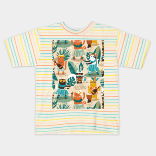 Secret Hawaiian beach party // pattern // ivory sand background gold drop orange goldenrod yellow dark oak brown and white cats Kids T-Shirt