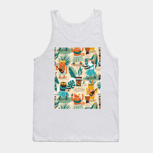 Secret Hawaiian beach party // pattern // ivory sand background gold drop orange goldenrod yellow dark oak brown and white cats Tank Top