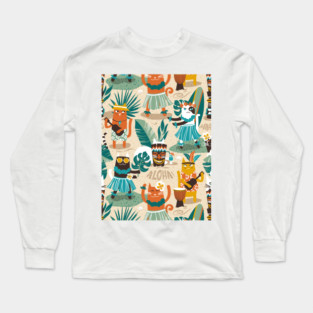 Secret Hawaiian beach party // pattern // ivory sand background gold drop orange goldenrod yellow dark oak brown and white cats Long Sleeve T-Shirt