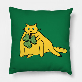 Fat Cat Holding Shamrock for St Patricks Day Pillow