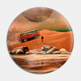 Surreal Science Fiction Alien Planet with Camper Van and Traveler Pin