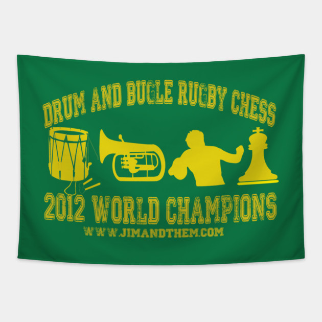 Drum And Bugle Rugby Chess Tapestry by Jim and Them